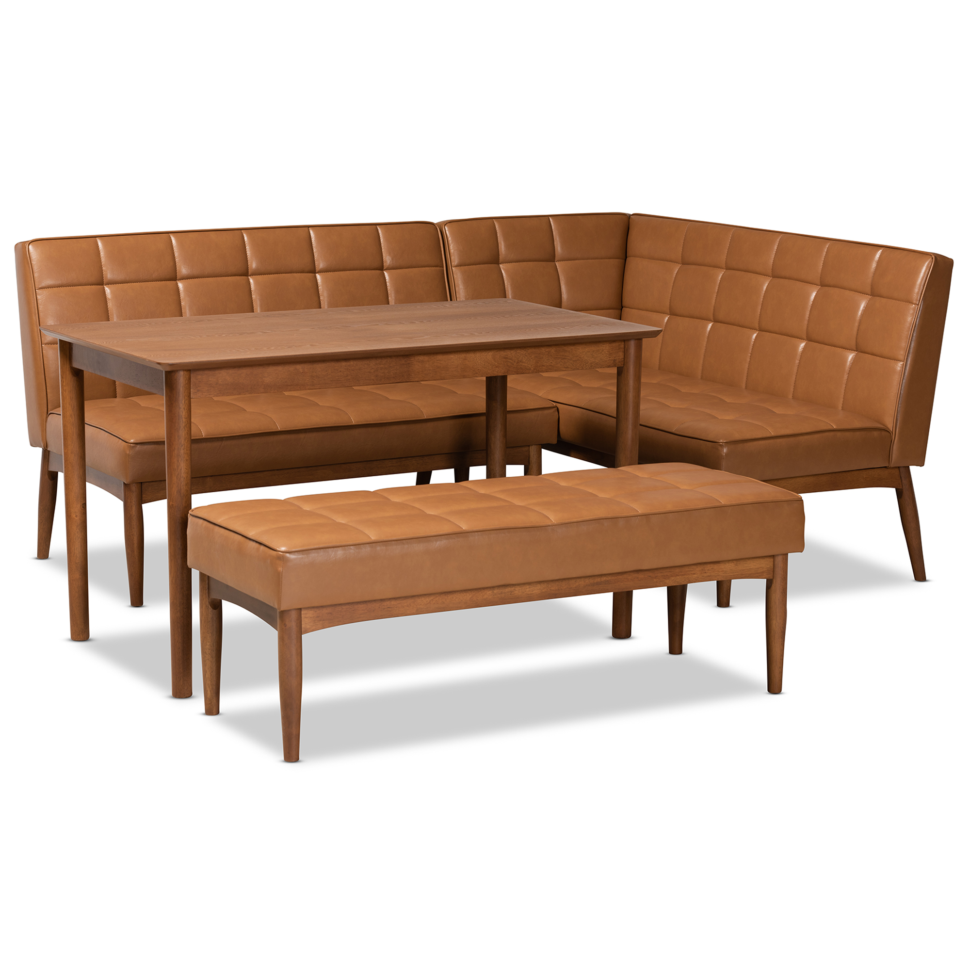 Baxton Studio Sanford Mid-Century Modern Tan Faux Leather Upholstered and Walnut Brown Finished Wood 4-Piece Dining Nook Set